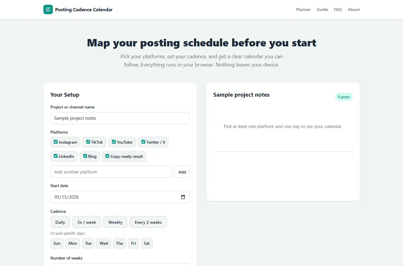 Screenshot of Posting Cadence Calendar interface showing the project page in use